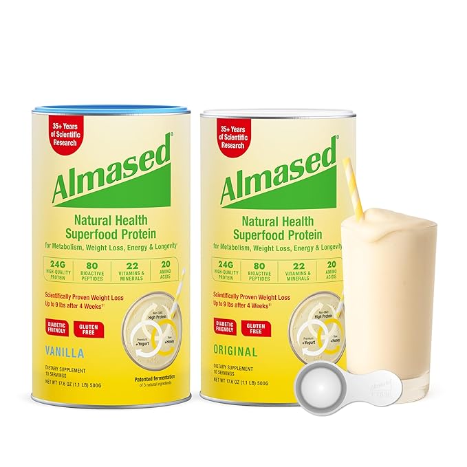 Almased | High Protein Shakes | Meal Replacement Shake | Meal Replacement Powder for Weight Loss with Shaker Bottle (Original and Vanilla 2 Cans of 17.6 oz + Bottle + Scoop)