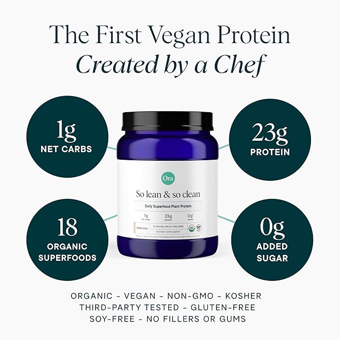 Ora Organic Vegan Protein Powder - 23g Plant-Based Protein Powder for Women and Men | Clean Protein Source Keto Friendly Gluten Free Paleo Dairy-Free Soy-Free - Vanilla Chai - 20 Servings