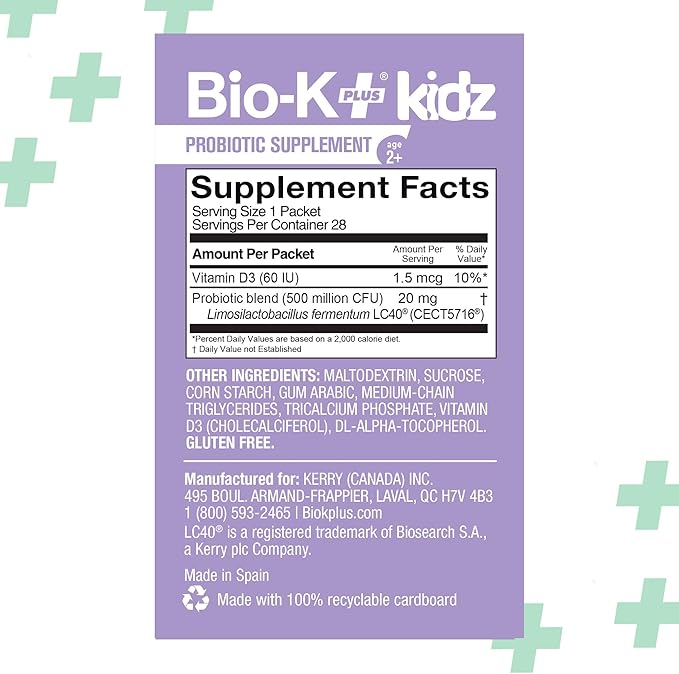 Bio-K+ Kidz Probiotic Powder for Kids with Vitamin D3 Shelf-Stable Non-GMO Gluten-Free – 28 Single-Serve Packets