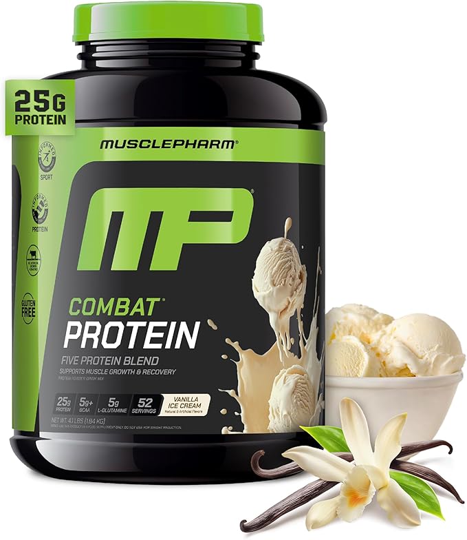 MusclePharm Combat Protein Powder Vanilla Flavor Fuels Muscles for Productive Workouts 5 Protein Sources including Whey Protein Isolate &amp Egg Albumin Gluten Free 4 lb 52 Servings