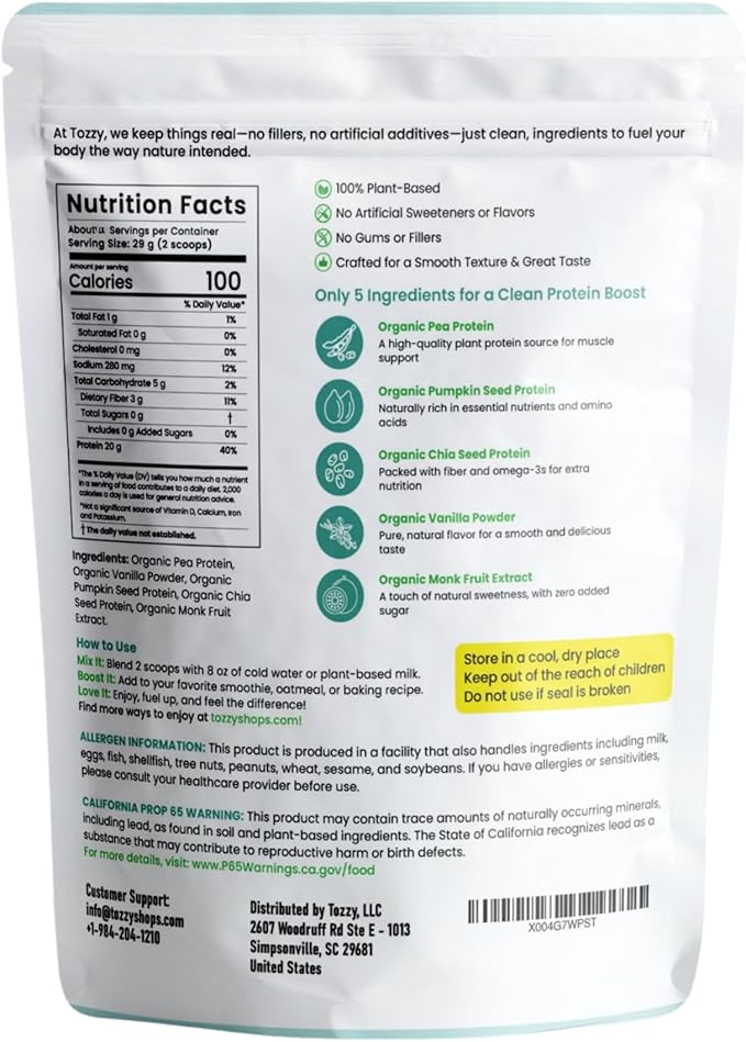 TOZZY Organic Vegan Protein Powder Vanilla | 16 Servings | 20g Plant-Based Pea Protein | 5 Simple Ingredients | 0g Sugar | Keto | Gluten- &amp Dairy-Free (1 lb) - Packaging May Vary