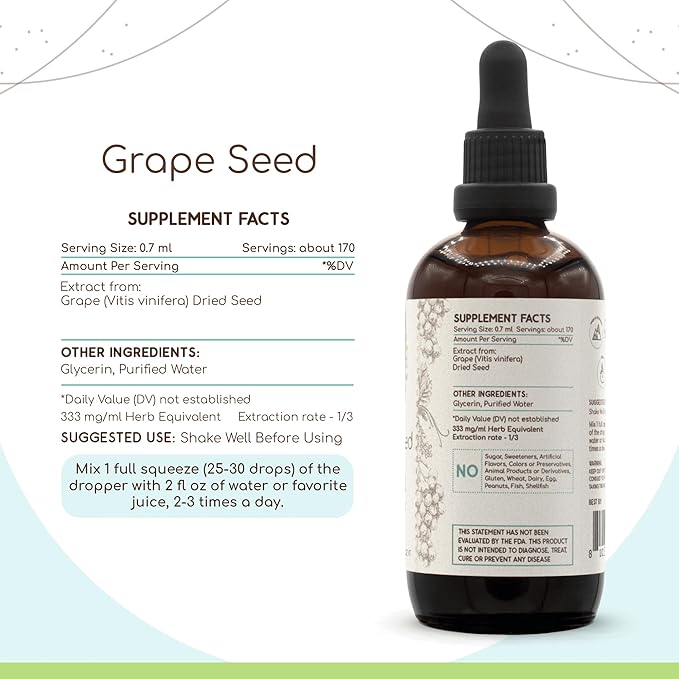 Grape Seed B120 Alcohol-Free Herbal Extract Tincture Concentrated Liquid Drops Natural Grape (Vitis Vinifera) Dried Seed (4 Fl Oz)