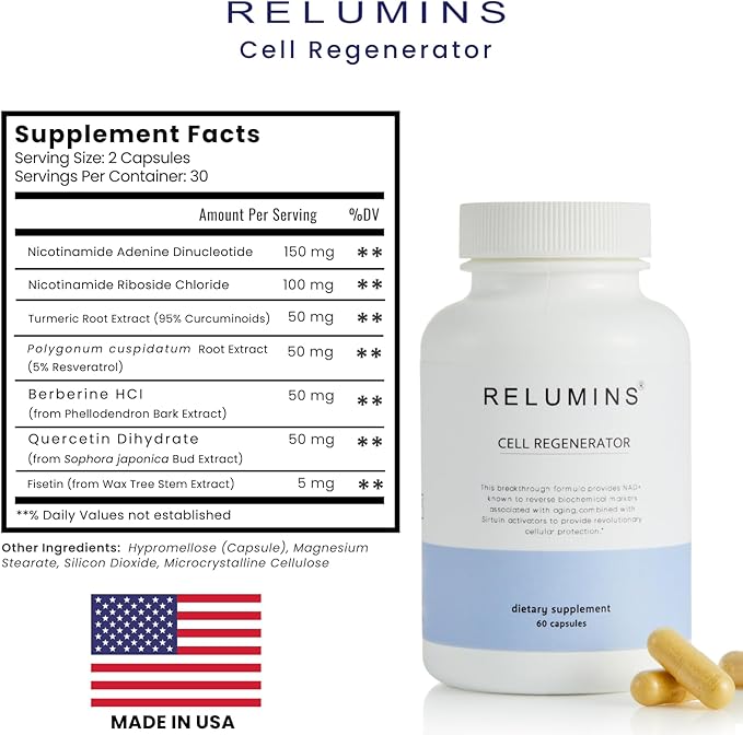 Relumins NAD+ Supplement with Nicotinamide Riboside Resveratrol Quercetin Fisetin &amp Curcumin – Focus Vitality Energy Balance &amp Daily Wellness Support – 60 Vegan Capsules