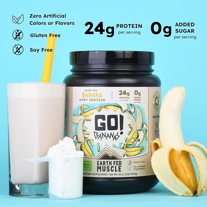 Earth Fed Muscle Go! Bananas Irish Grass‑Fed Whey Protein Isolate – All Natural Banana Flavor Zero Added Sugar Soy‑Free Gluten‑Free (2lb 27 Servings Banana)