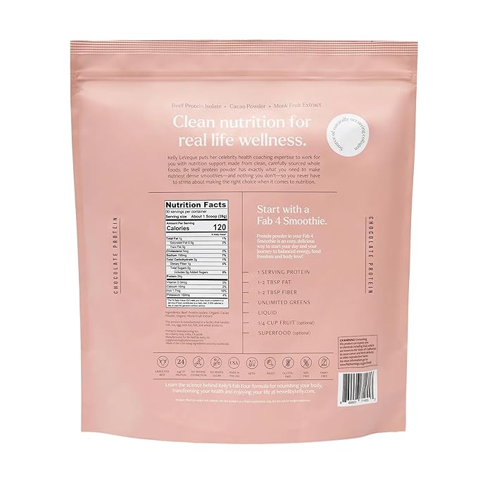 Be Well by Kelly Chocolate Grass-Fed Beef Protein Powder 24G of Protein &amp 1G Net Carbs (3 Ingredients 30 Servings) 9 Amino Acids + 3 BCAAs No Soy No Dairy Stevia-Free No Sugar Added 1.87lb 84