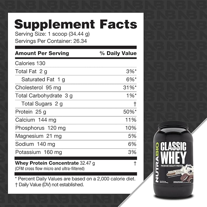 NutraBio Classic Whey Protein Powder- 25G Protein Per Scoop - Full-Spectrum Amino Acid Profile - No Fillers Artificial Colors Preservatives - Low Glycemic Index - (Ice Cream Cookie Dream 2 Pounds)