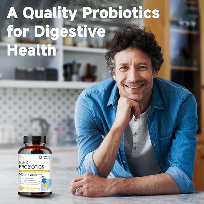 NATURE TARGET Probiotics for Men 100 Billion CFUs Probiotics for Digestive Health with Enzymes &amp Prebiotics 180 Veg Capsules Mens Probiotic for Gut &amp Bloating with Saw Palmetto for Prostat