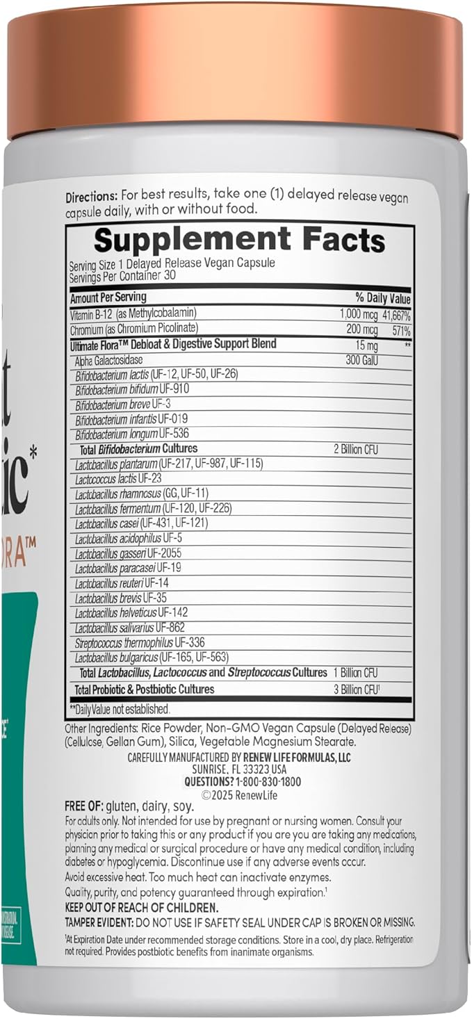 Renew Life Ultimate Flora Debloat Probiotic | 30 Delayed Release Vegan Capsules | with Potent Digestive Enzymes B12 &amp Chromium | Free of Gluten Dairy and Soy
