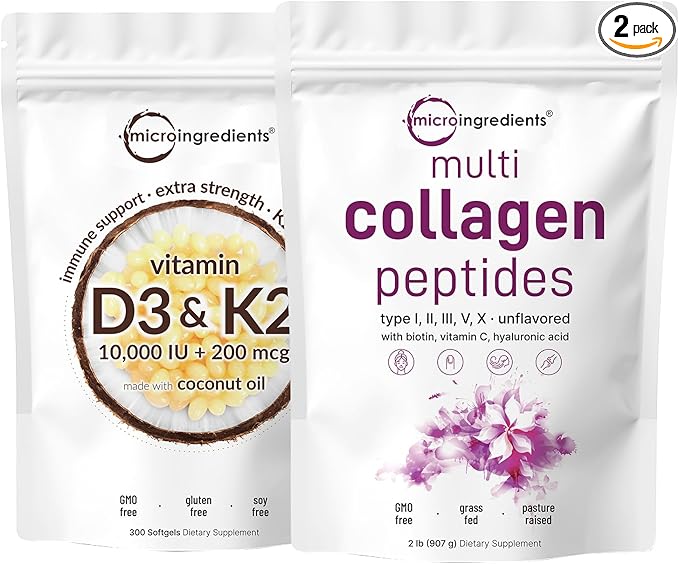 Micro Ingredients Multi Collagen Protein Powder 2lbs &amp Vitamin D3 10000iu + K2 200mcg Coconut Oil Softgels Bundle 2 Pack | Grass-Fed Collagen Peptides | Essential Sunshine Vitamins