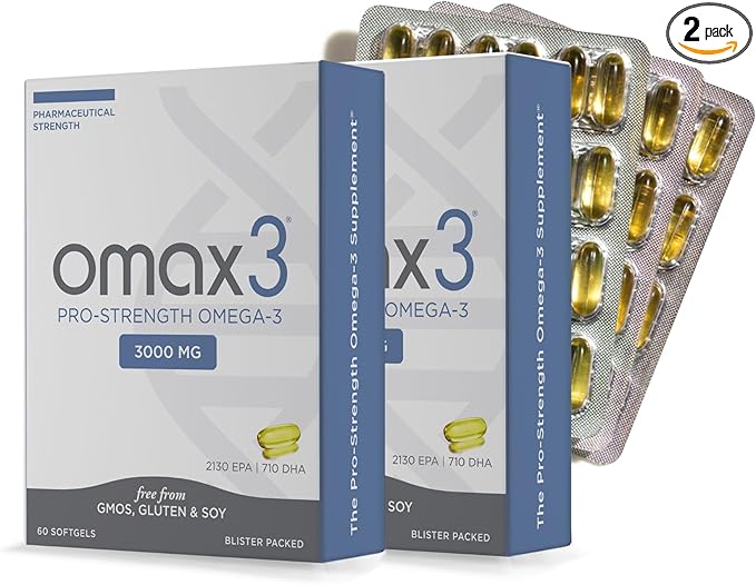 Omax3 Pro-Strength Ultra-Pure Omega-3 Fish Oil - 1000 mg - Maximum Professional Joint &amp Muscle Support - EPA DHA - NSF Certified - 60/per Softgel Blister (Pack of 2)