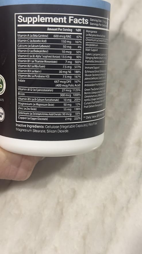 Stellar Labs Men's Low FODMAP Vegan Daily Multivitamin No Iron | Easy On Sensitive Stomachs Easy to Swallow Vitamins | Immune Support Antioxidant Energy Blend Male Support | IBS Friendly Capsules
