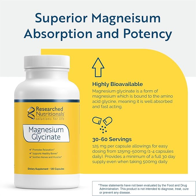 Researched Nutritionals Magnesium Glycinate Capsules - 125mg High Absorption Magnesium Glycinate Supplement to Support Healthy Bones and Energy Production - Vegan &amp Non-GMO (120 Capsules)