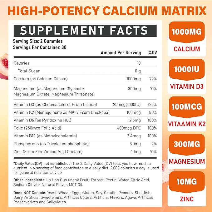 Calcium Magnesium Zinc Supplement Gummies with Vitamin D3 K2 &amp B Complex for Women Men 1000mg Calcium Citrate with Magnesium Gummies for Bone Muscles &amp Immune Support Sugar Free Vegan