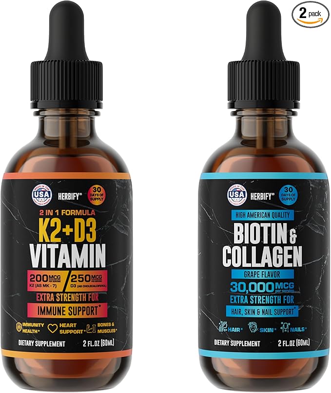 HERBIFY Bundle - K2 and D3 Drops &amp Biotin and Collagen Drops - Bone Strength &amp Hair Skin Nails Support