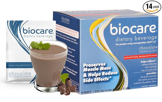 Biocare Nutritional Beverage for GLP-1 Users Dietary Powder Drink Provides 20g Essential Protein 26 Vitamins/Minerals Helps Ease Nausea Bloating Constipation Chocolate (14 Count)