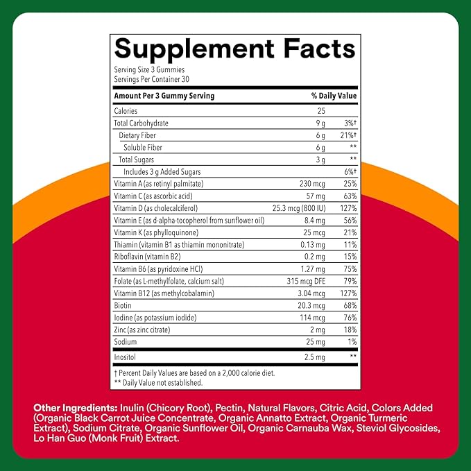 SmartyPants Fiber Supplement &amp Multivitamin for Men &amp Women Prebiotic Fiber Gummies with Omega 3 (DHA/EPA) Vitamin D3 C Vitamin B12 B6 A K &amp Zinc 90 Count (30 Day Supply)