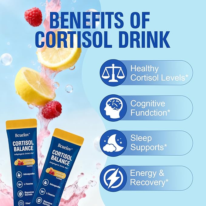 Cortisol Drink Mix Cortisol Supplements for Women Men with Magnesium Glycinate Ashwagandha L-Theanine Vitamin D 3 for Sleep &amp Relaxation On The Go 30 Ct (Raspberry Lemonade Flavor)