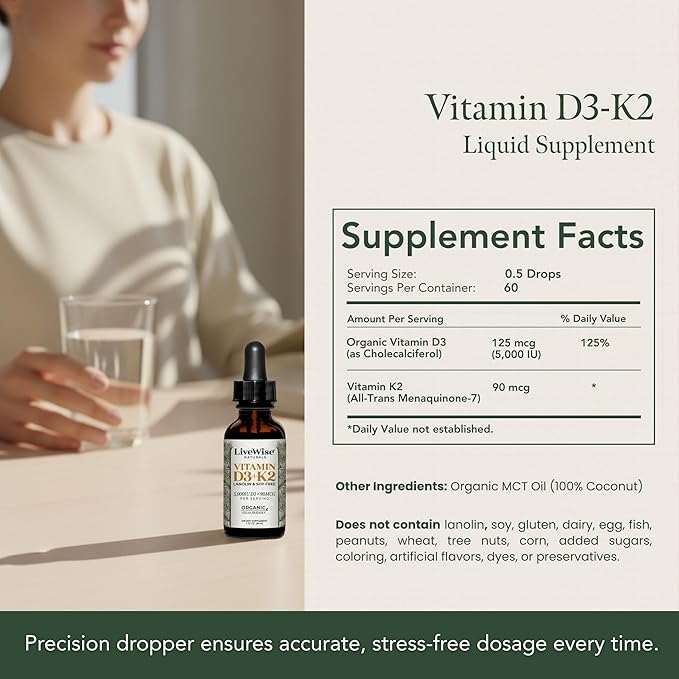 Vegan D3 K2 Vitamin 5000 IU 90 MCG (MK-7) Drops - 60 Servings Ultra Concentrated Formulation and Fast Absorption - Precision Micro-Dosing Dropper for Cognitive &amp Immune Support