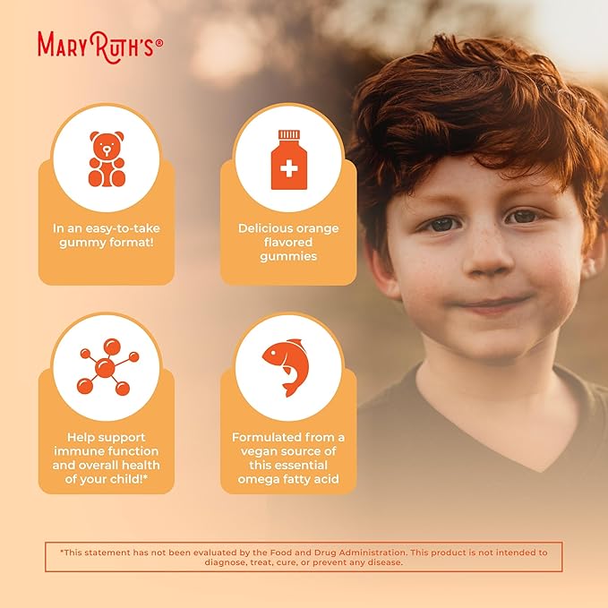 MaryRuth Organics Vegan Omega 3 Gummies for Kids 2+ 2 Month Supply Sugar Free Omega 3 Supplement with Vitamin C Flaxseed Oil Immune Support Essential Nutrient ALA No Fish Taste 60 Count