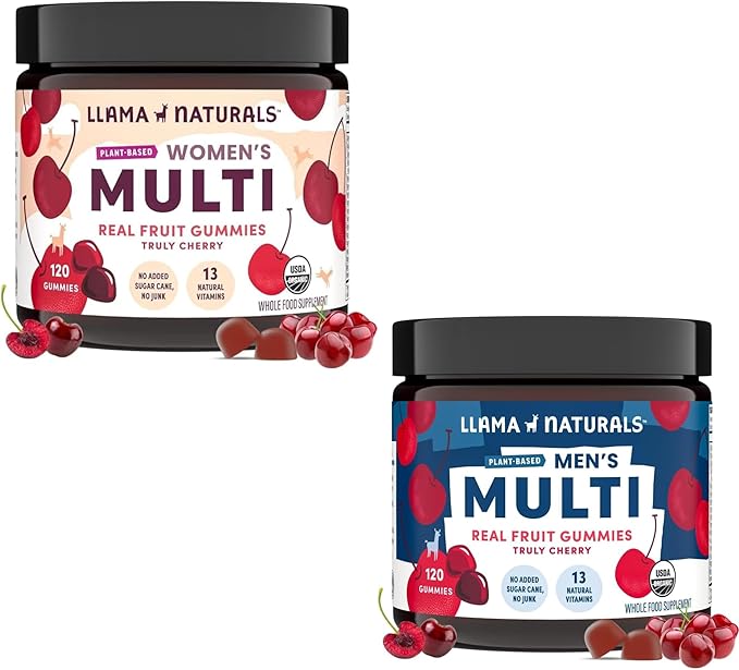 Llama Naturals Men and Women Vegan Organic Gummies with Vitamin D C and K Real Fruit Gummy Vitamins Chewable Multivitamin Supplement No Added Sugar Cane Cherry 120 Ct