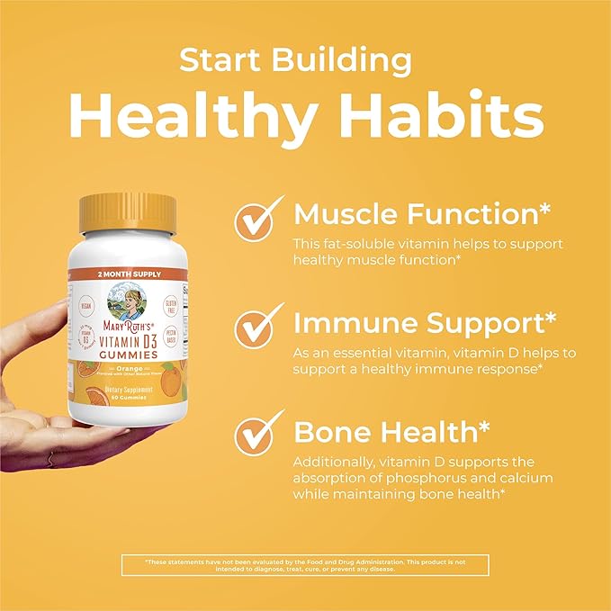 MaryRuth Organics Vitamin D3 Gummies | 2 Month Supply | Adults &amp Kids Vitamin D Gummy | Immune Support Supplement | VIT D3 1000IU for Bone Health&ampMuscle Function | Vegan | Non-GMO | Gluten Fre