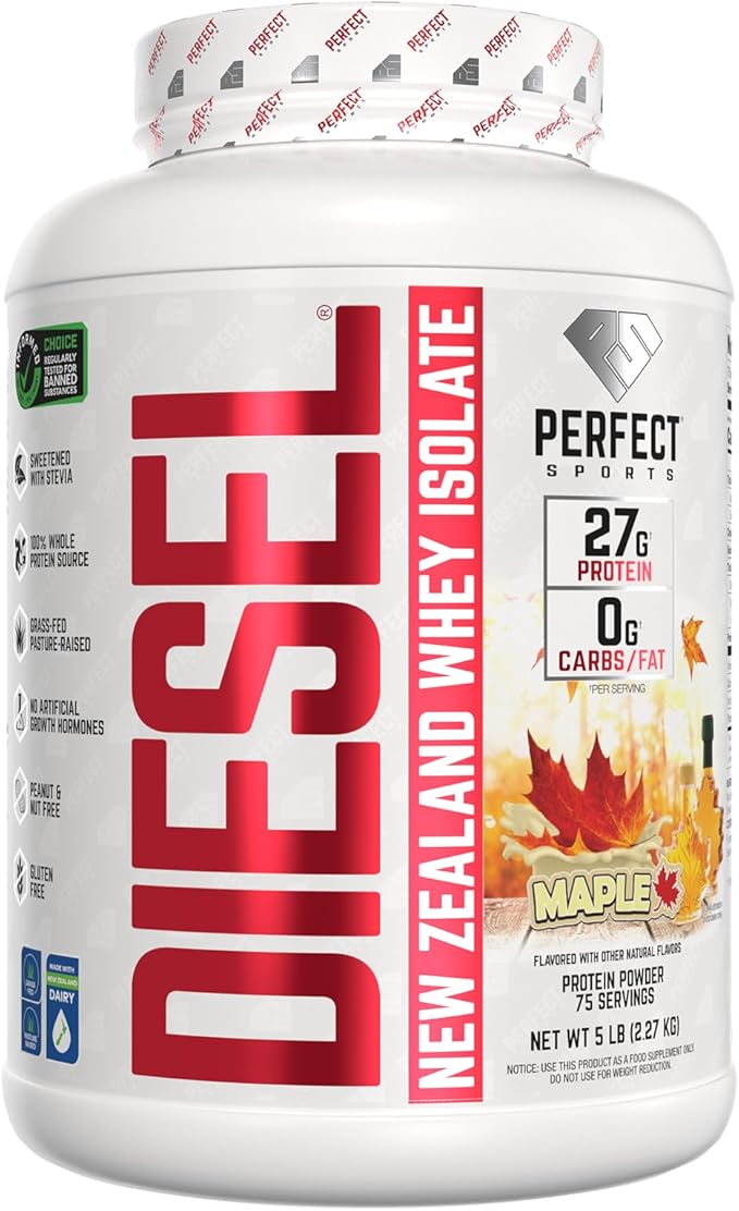 PERFECT SPORTS Diesel 100% New Zealand Whey Protein Isolate | Stevia Sweetened No Artificial Ingredients Keto | 0g Carb 0g Fat 27g Protein | 5 Pounds (Canadian Maple)