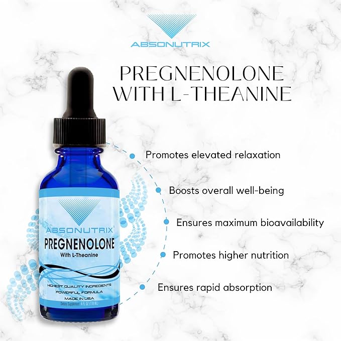 Absonutrix Pregnenolone with L-Theanine Advanced Formula 390 mg 4 Oz Liquid 302 Servings Made in USA Quick Absorption Quality Potent Ingredients Non-GMO GMP Certified Facility