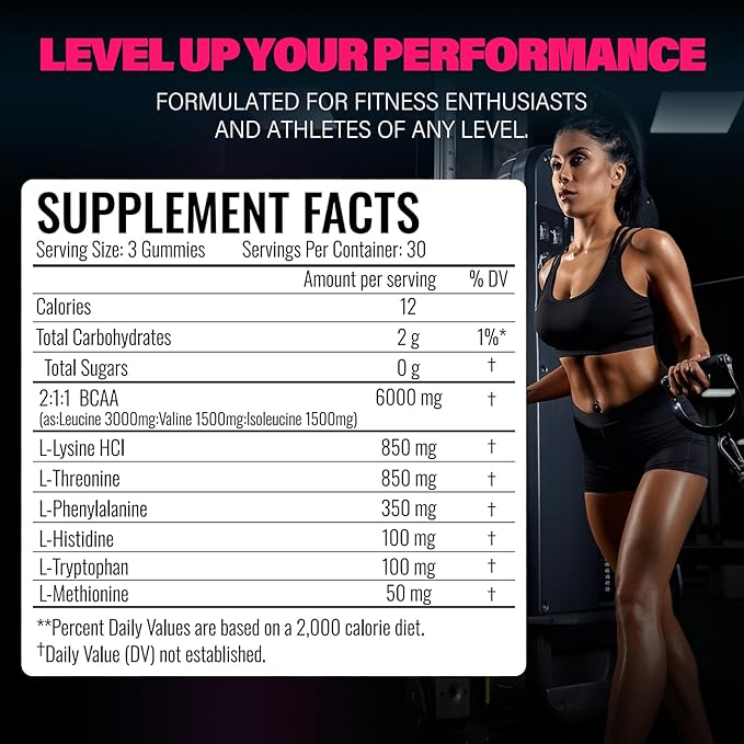 EAA Gummies - 2:1:1 BCAA Formula (8300mg) - Essential Amino Acids for Muscle Recovery &amp Endurance - Non-GMO Gluten Free Sugar Free Vegetarian Raspberry Flavor - 90 Count