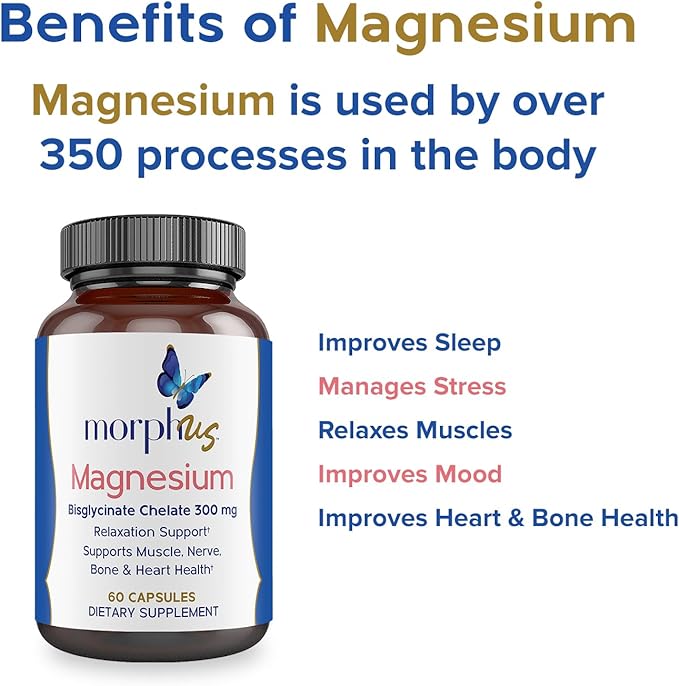 Morphus Magnesium Bisglycinate Chelate 300mg Supplement | 60 Capsules | Helps Women with Perimenopause &amp Menopause Symptoms | Restful Sleep De-Stress Relaxes Muscles &amp Nerves | Fast Absorpti