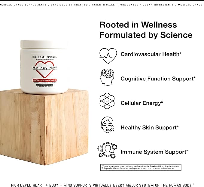 High Level Science CoQ10 Omega-3 Vitamin E - Cardiologist Formulated for Heart + Body + Mind Health with DHA/EPA Antioxidant for Energy Superior Bioavailable Fish Oil - Gluten Free