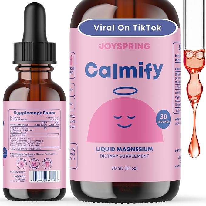 JoySpring Kids Daily Magnesium Routine – Glycinate &amp Citrate Liquid Drops with L-Theanine Chamomile &amp Passion Flower – Kid-Friendly Mineral Supplement for Children