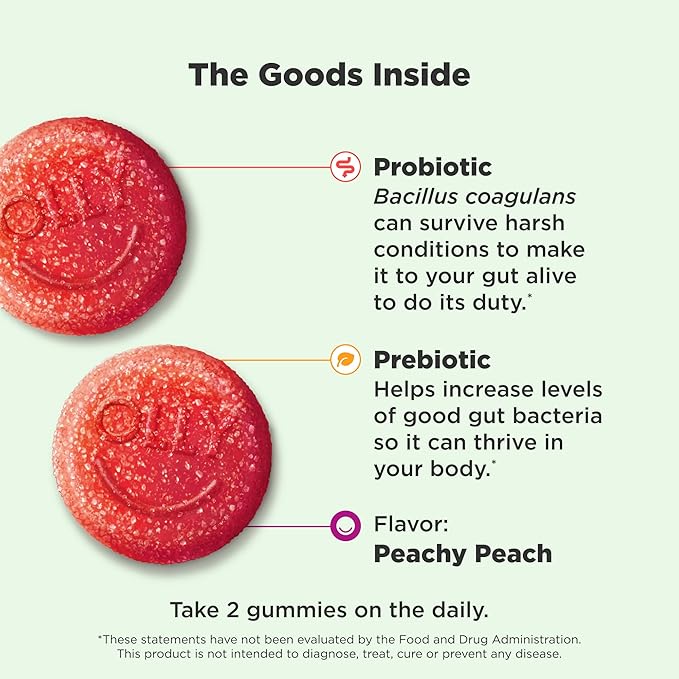 OLLY Probiotic + Prebiotic Gummy Digestive Support and Gut Health 500 Million CFUs Fiber Adult Chewable Supplement for Men and Women Peach 60 Day Supply - 60 Count