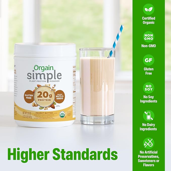 Orgain Organic Simple Vegan Protein Powder Peanut Butter - 20g Plant Based Protein With less Ingredients No Artificial Sweeteners Gluten Free No Dairy or Lactose 1.25 lb (Packaging May Vary)