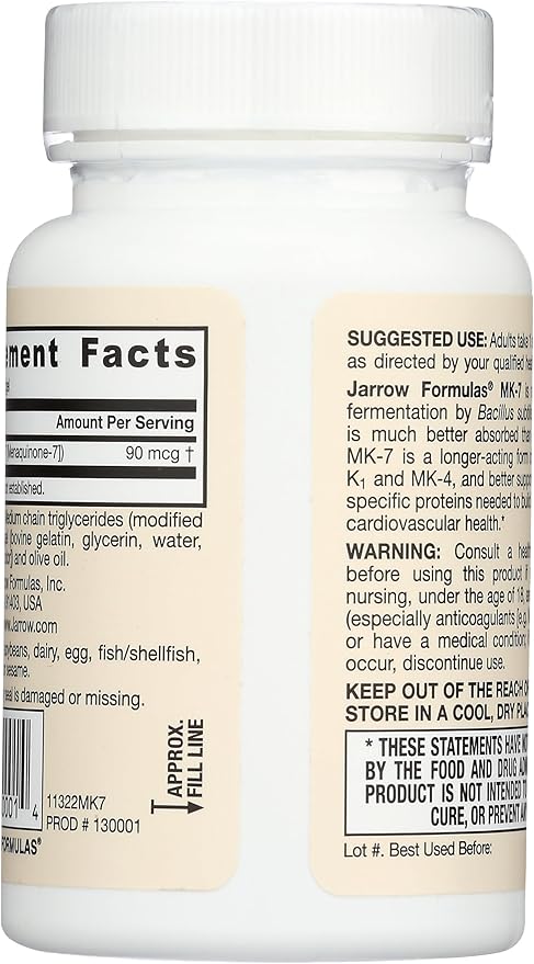 Jarrow Formulas MK-7 90 mcg - Bioactive Form of Vitamin K2-60 Servings (Softgels) - for Bone &amp Cardiovascular Health - Vitamin K2 MK-7 Dietary Supplement - K2 Vitamin Supplement MK-7 - Gluten Free