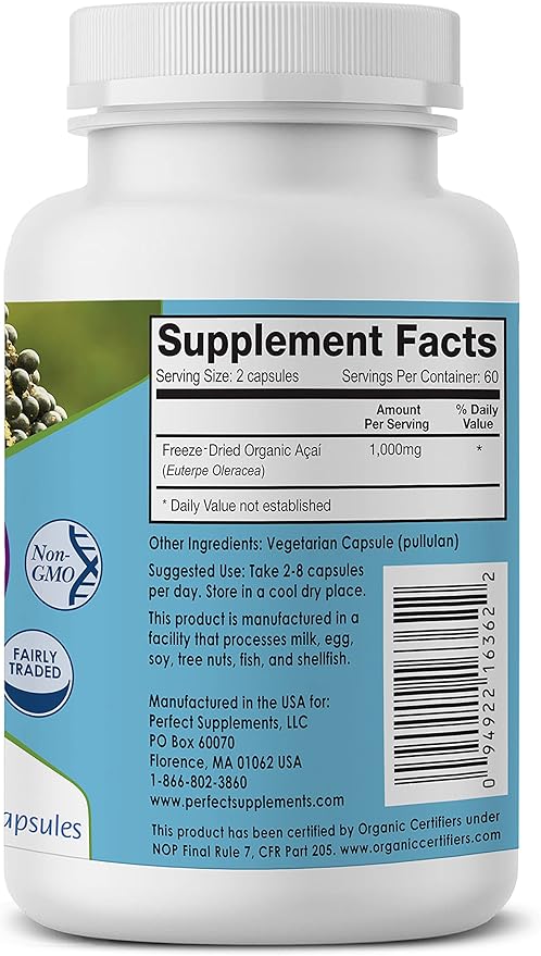 Perfect Supplements – Perfect Acai – 120 Capsules – Pure Organic Freeze-Dried Acai Berry Superfood - Powerful Antioxidants - Immune Support – 3 Pack