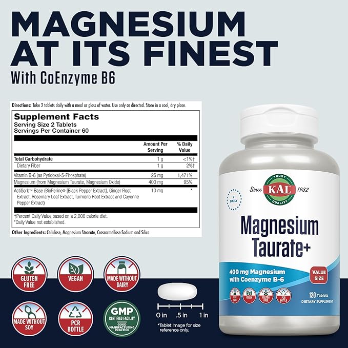 KAL Magnesium Taurate 400mg Plus Vitamin B6 Chelated Magnesium Supplement High Absorption Magnesium Complex Muscle and Heart Health Support Vegan Gluten Free 60-Day Guarantee 60 Serv 120 Tabs
