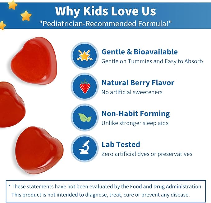 Kids Magnesium Glycinate Gummies 250/500mg - 120 Count Double Pack - Sugar Free Calm &amp Sleep Support for Kid with Vitamin D3 B6 &amp L-Theanine - Melatonin Free - Vegan (250mg Per Gummy)