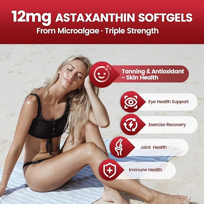 10 in 1 Astaxanthin Supplements 12mg 12 Month Supply Astaxantina Antioxidant from Fresh Haematococcus Pluvialis Contains Lycopene Grape Seed Vitamin E More Supports Eye Joints Skin Health 3Bag