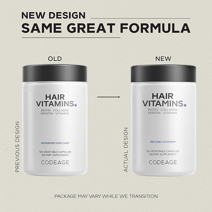Codeage Hair Vitamins 10000 mcg Biotin Keratin Collagen Vitamin A B12 C D3 E Zinc Turmeric Probiotics Enzymes Inositol - Hair Care Support - Healthy Hair Supplement Pills - 2 Pack