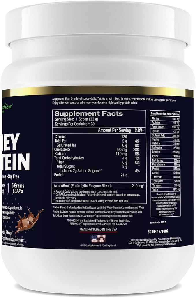 Paradise Herbs 100% Whey Protein Powder Chocolate 21g Protein 5.5 BCAA's 2.2g L-Leucine 210mg Aminogen 30 Servings