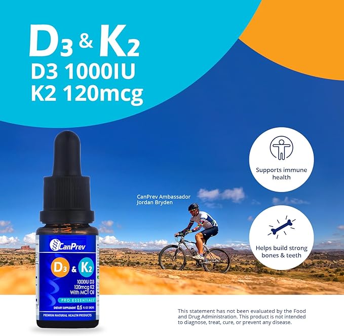 CanPrev D3 &amp K2 Drops - MCT Oil Base 15ml Liquid Vitamin Supplement 450 Drops with 250IU D3 &amp 30mcg MK-7 K2 Supports Strong Bones &amp Teeth Easy-to-Take Formula Free from Gluten Dairy