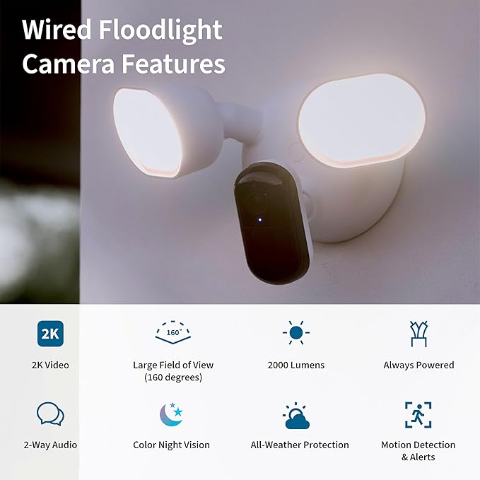 Arlo Wired Floodlight Camera Home Security Camera with 2K Video and HDR 2000 Lumens Integrated Siren Weather-Resistant Color Night Vision 160º Field of View 2-Way Audio White (2025)