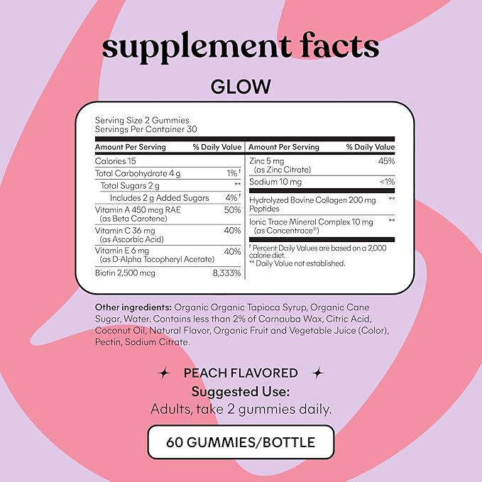 Lemme Glow Collagen Gummies for Thick Hair Strong Nails &amp Healthy Skin with Multi-Collagen Peptides Biotin Trace Minerals Zinc Vitamins A C &amp E Dairy &amp Gluten Free Peach Flavor 60