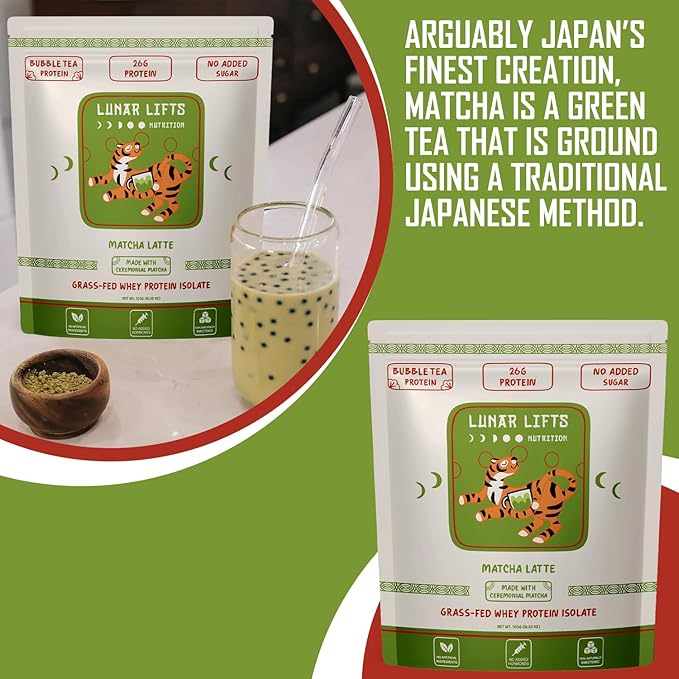 Lunar Lifts Nutrition Matcha Latte - Boba Tea Protein Powder | 26g Whey Protein Isolate Matcha Powder | Ceremonial-Grade Matcha Bubble Tea Protein Powder | No Added Sugar &amp Artificial Ingredients