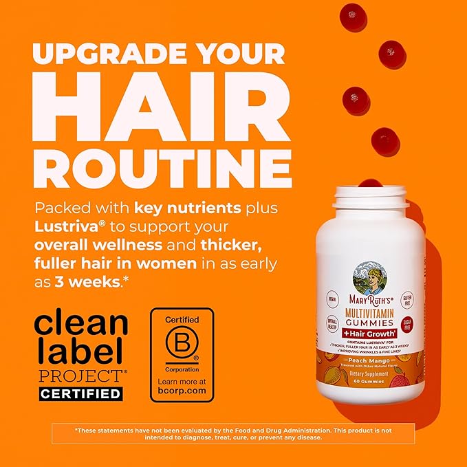 MaryRuth's Multivitamin + Hair Growth Gummies | with Lustriva® | Biotin 10000mcg | B Vitamins | Formulated for Thicker Hair Wrinkles Fine Lines Skin Care | Ages 18+ | 30 Servings