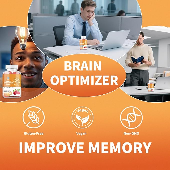 Gummies - Brain Supplement for Memory Focus &amp Attention - Cognitive Support with Magnesium Omega 3 Ashwagandha - 90 Count Raspberry Flavor