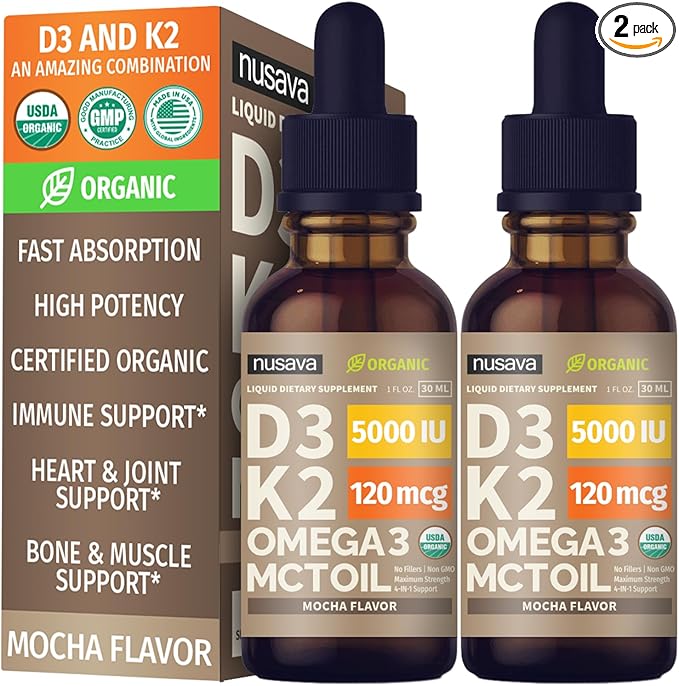 NUSAVA (2 Pack) Organic Vitamin D3 K2 Drops with MCT Oil Omega 3 5000 IU Maximum Strength Vitamin D Liquid No Fillers Non-GMO Liquid D3 for Faster Absorption and Immune Support (Mocha 2 Fl Oz)