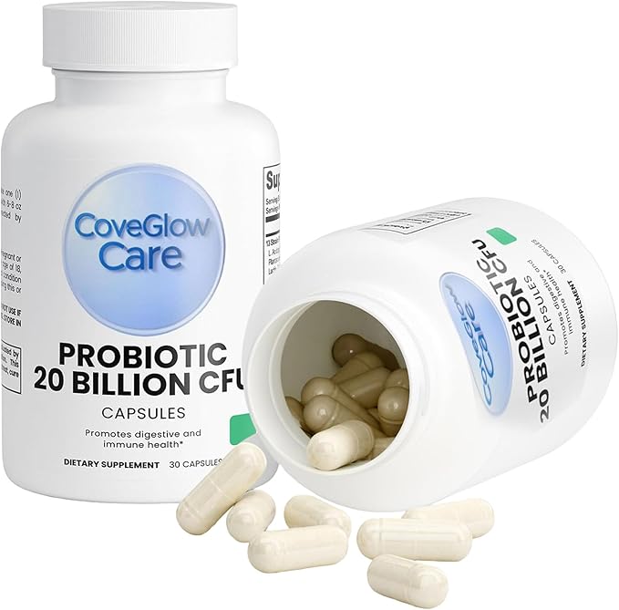CoveGlow Probiotic 20 Billion-L. Acidophilus L. Rhamnosus &amp B. Lactis - Natural Digestive &amp Immune Support Formula in Vegetable Capsules