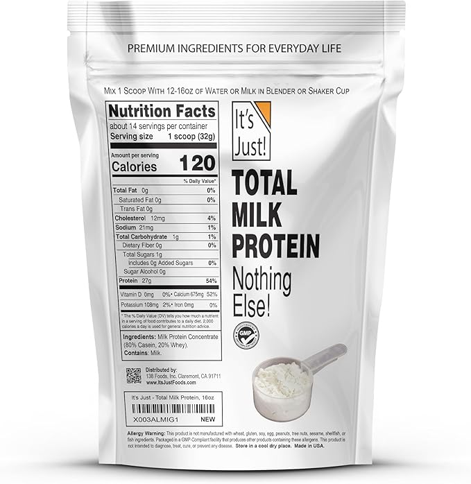 It's Just! - Total Milk Protein Concentrate Powder GLP-1 Friendly Naturally 80% Casein / 20% Whey rBSH/RBST Hormone Free No Added Sugar MPC-85 (1 Pound Unflavored)