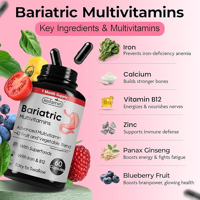 Bariatric Multivitamin with Iron - Easy-to-Swallow Capsule for Post Bariatric Surgery - Post Sleeve and Post Bypass with 42 Fruit &amp Veggies Blend - 60 Liquid Capsules